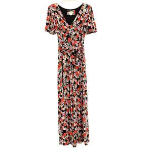 Maeve Anthropologie Sz M wide leg jumpsuit v neck sweetheart puff sleeves floral